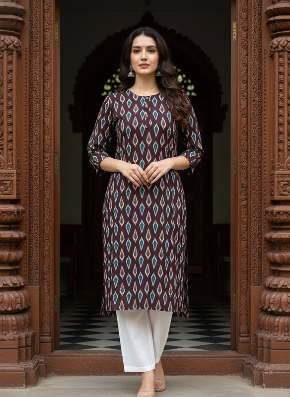 Printed 3/4 Sleeves Straight Kurti Brown (Kurti-31) M