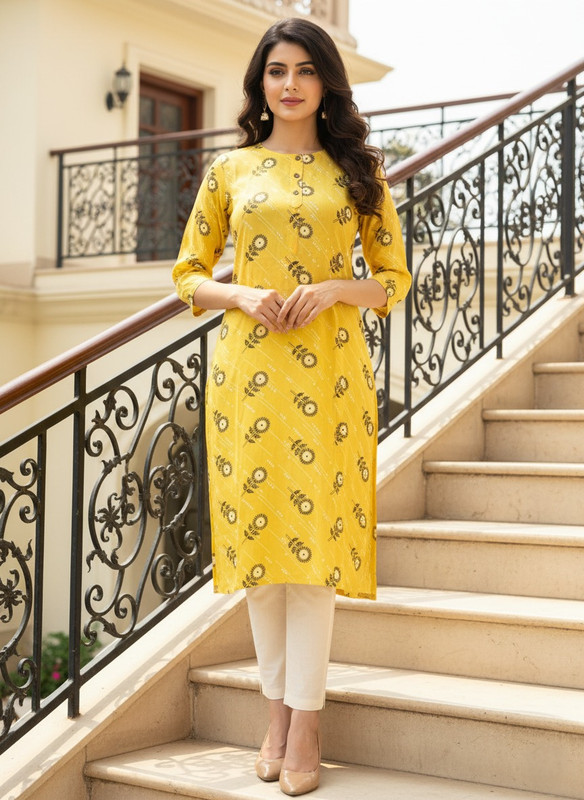 Printed 3/4 Sleeves Straight Kurti Yellow (Kurti-21)