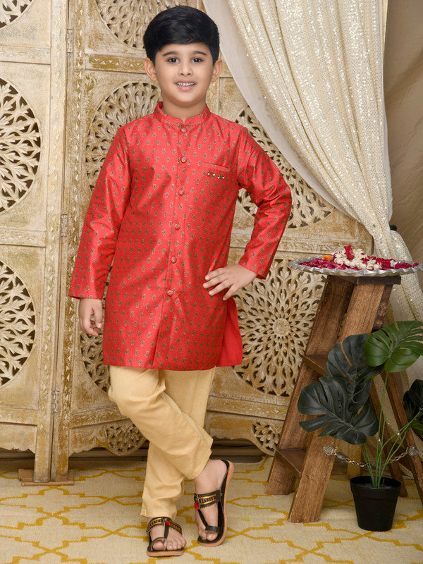 Maroon chanderi achkan with golden pyjama for boys, festive and wedding wear by Saka Designs