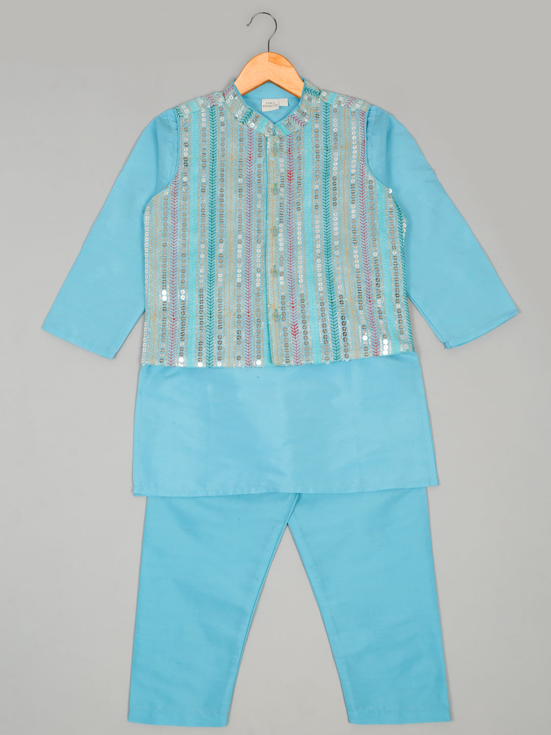 Kurta Pajama With Embroidered Nehru Jacket – Sky Blue