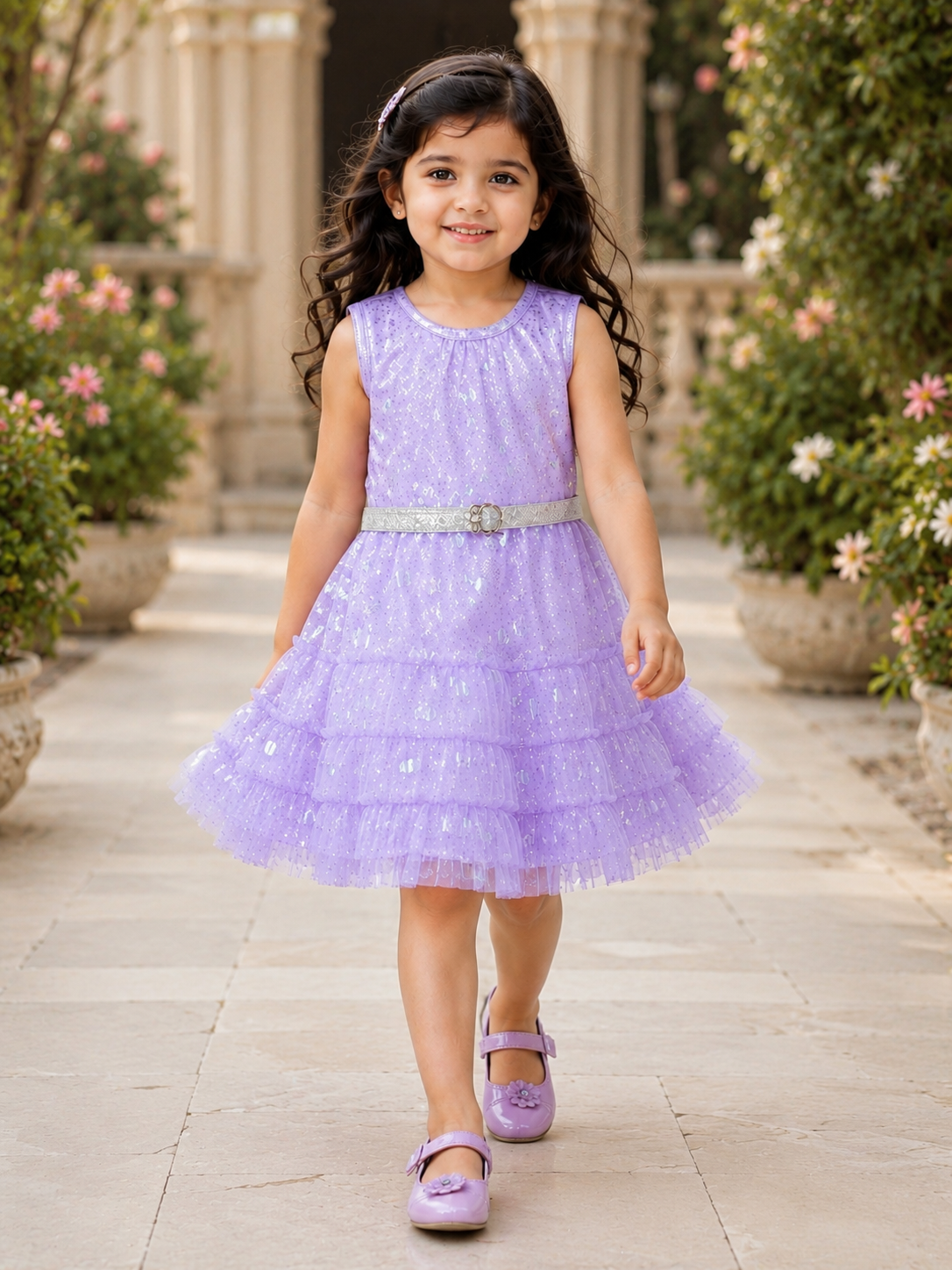 Shimmer Tiered Sequinned Party Dress - Purple