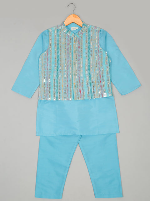 Saka Designs Full Sleeves Kurta Pajama With Embroidered Nehru Jacket – Sky Blue
