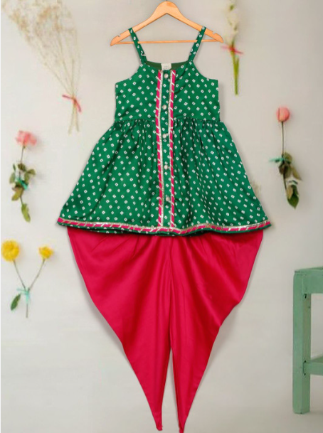 Green & Magenta Girls Kurta Dhoti
