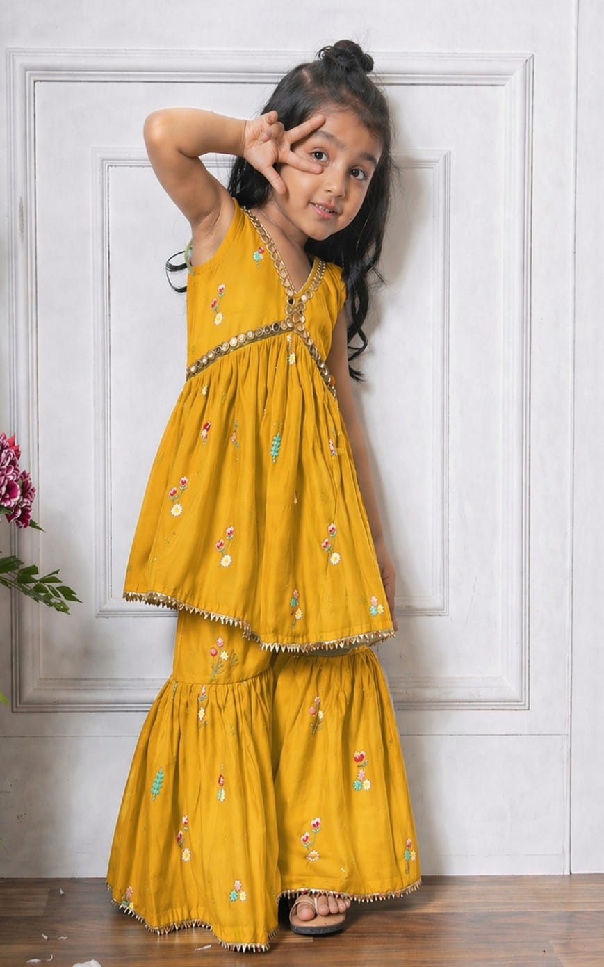 Girls Ethnic Motifs Printed Mustard Regular Kurti And Sharara Set