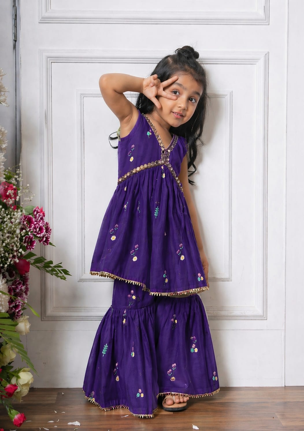 Girls Ethnic Motifs Printed Purple Regular Kurti And Sharara Set