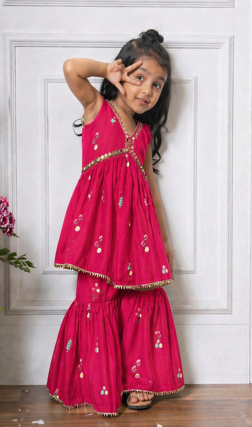 Girls Ethnic Motifs Printed Magenta Regular Kurti And Sharara Set
