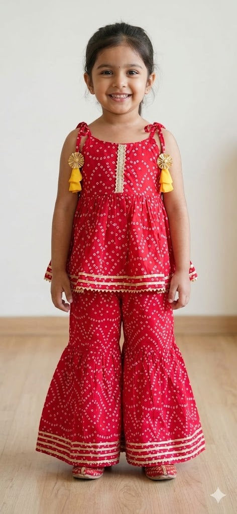 Red Bandhani Print Top & Sharara Set for Girls