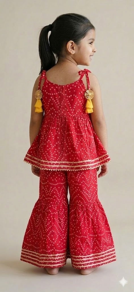 Red Bandhani Print Top & Sharara Set for Girls