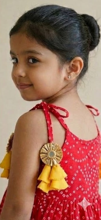 Red Bandhani Print Top & Sharara Set for Girls
