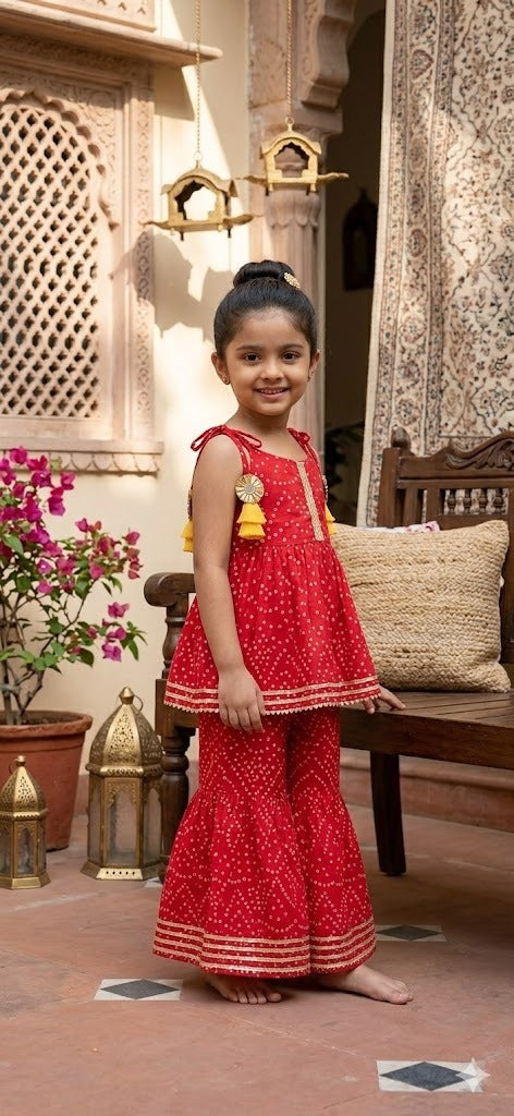 Red Bandhani Print Top & Sharara Set for Girls