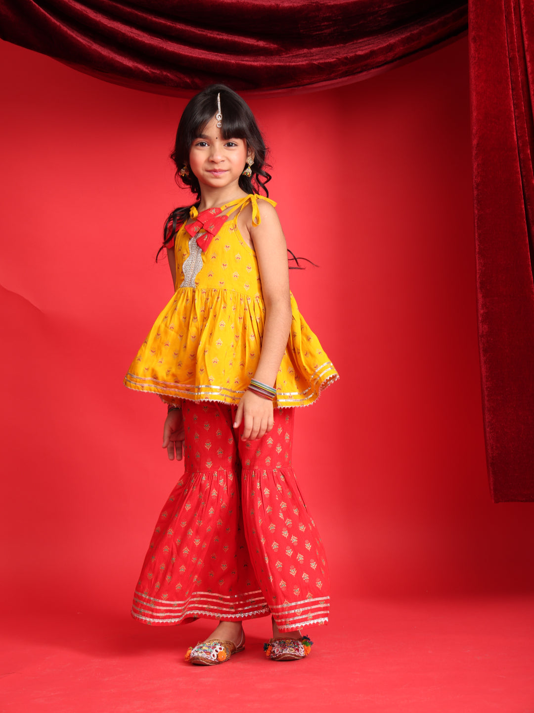 Mustard & Red Ethnic Printed Top & Sharara Set for Girls
