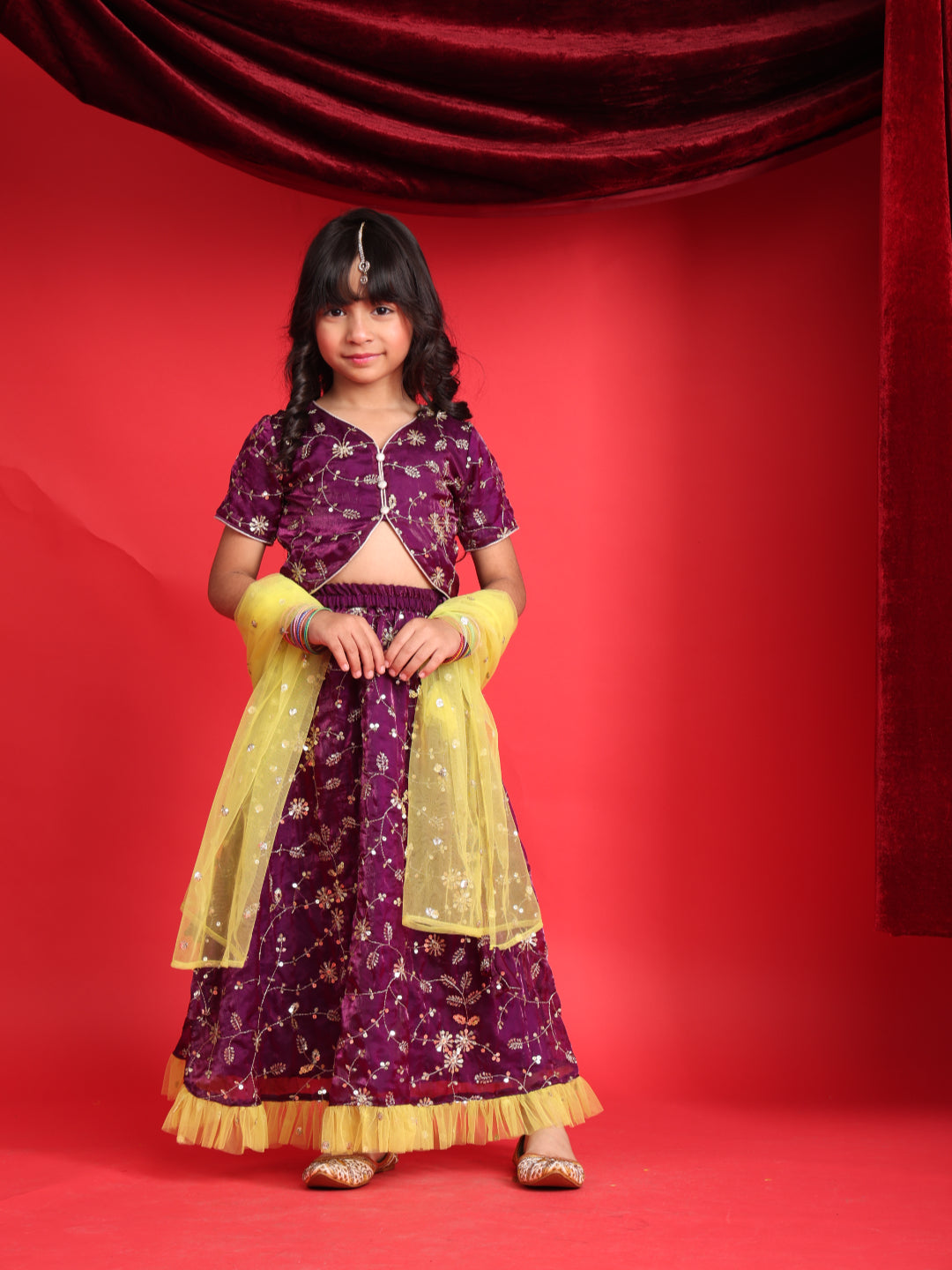 Girls Party Wear Purple Lehenga Choli with Yellow Dupatta