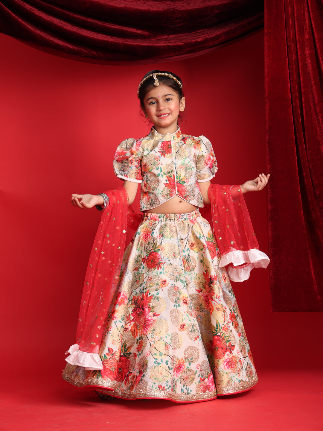 Girls Designer Floral Lehenga Choli with Puff Sleeves & Dupatta