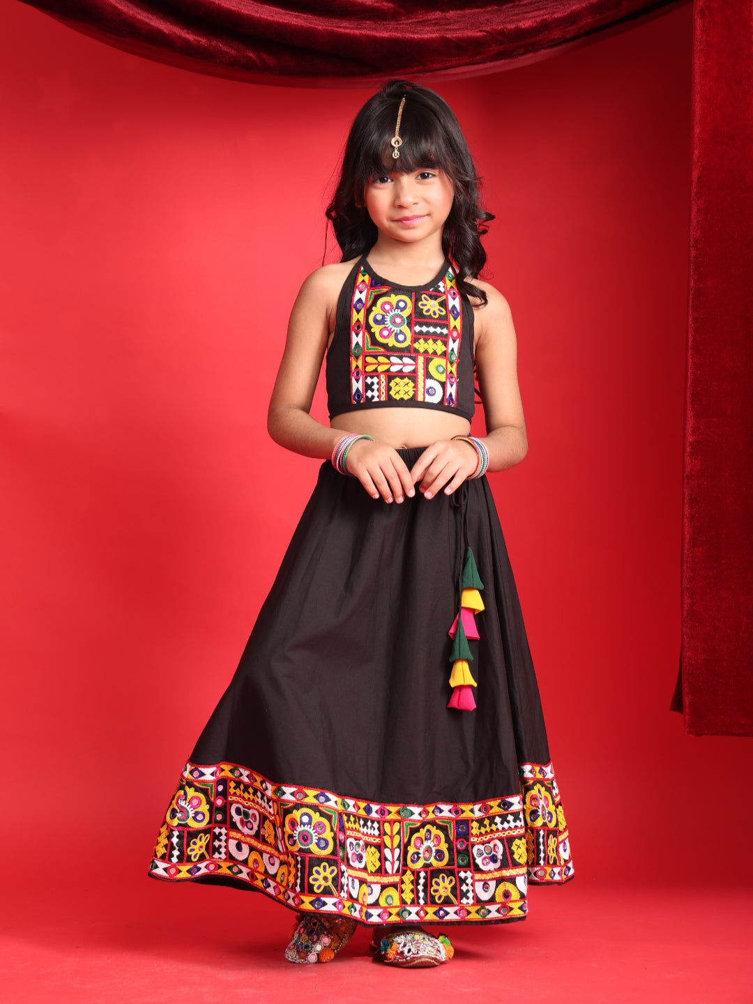 Girls Black Gujarati Embroidered Chaniya Choli with Mirror-Work Detailing