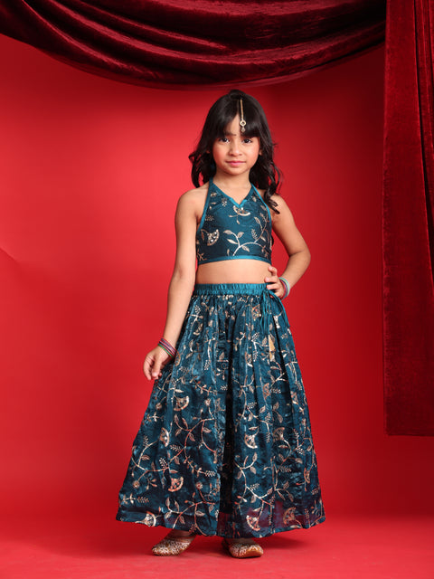 Girls Teal Blue Embroidered Lehenga Choli Set