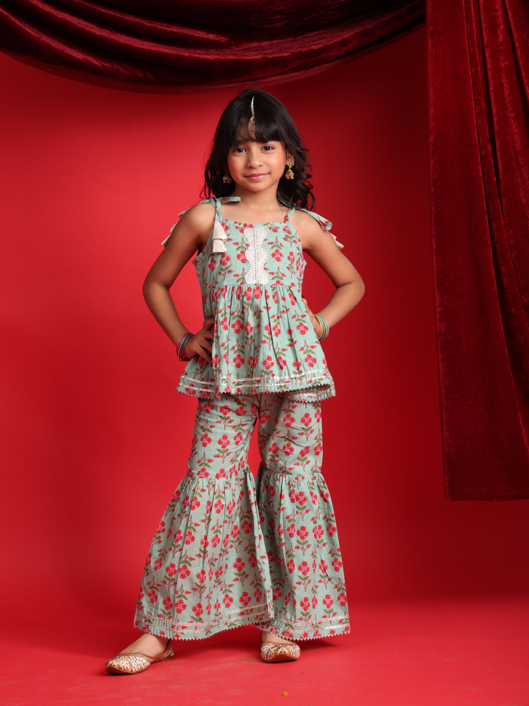 Mint Green Floral Printed Top & Sharara Set for Girls