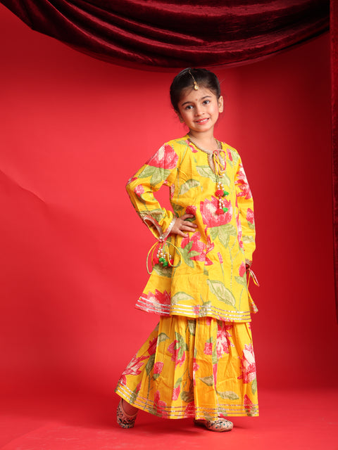 Yellow Floral Printed Lehenga Choli Set for Girls
