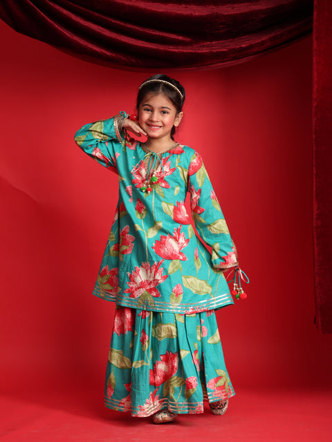 Teal Floral Printed Lehenga Choli Set for Girls