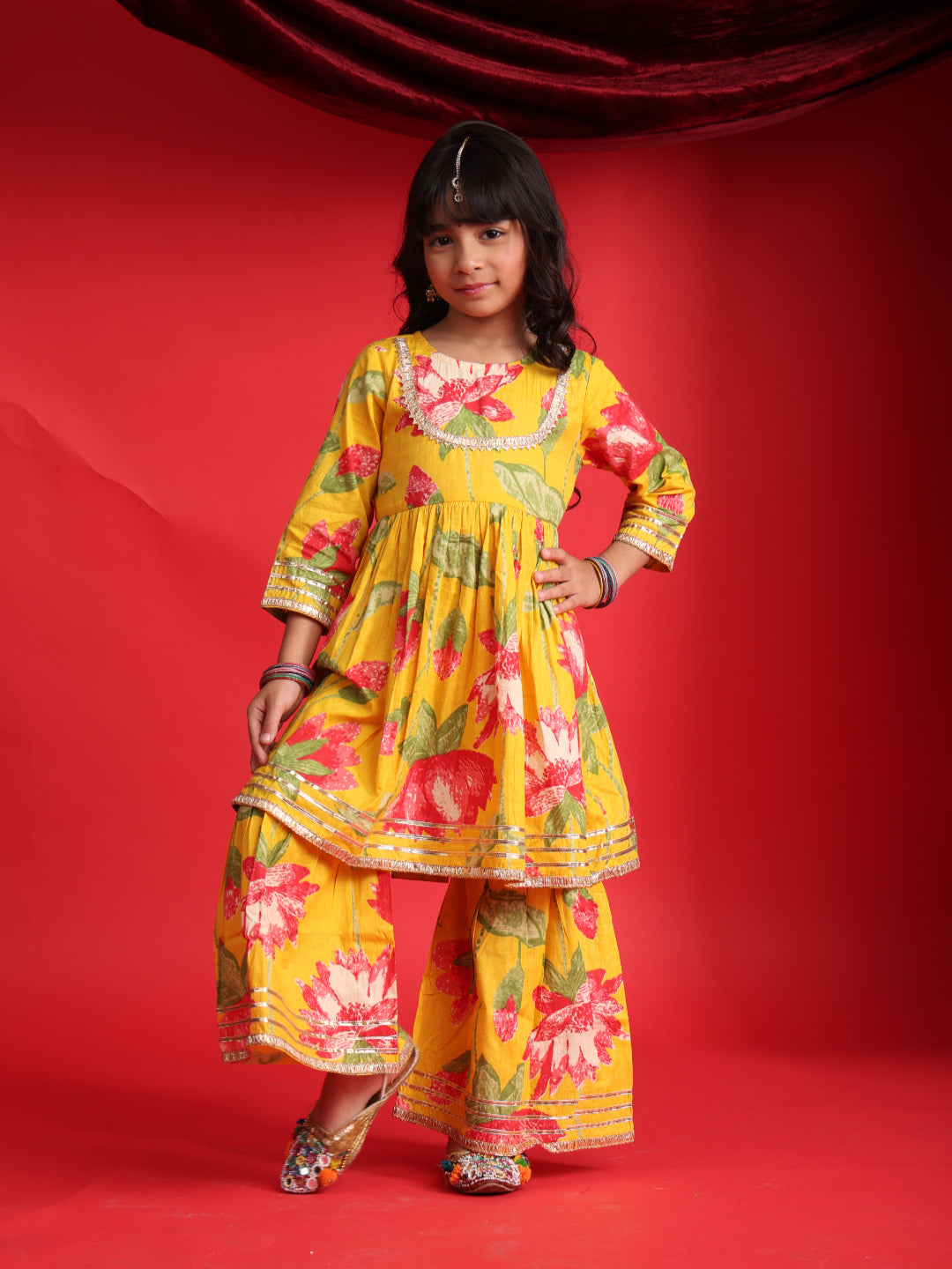 Yellow Floral Printed Kurta & Sharara Set for Girls