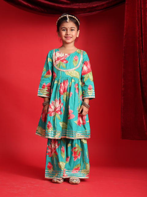 Teal Floral Printed Kurta & Sharara Set for Girls
