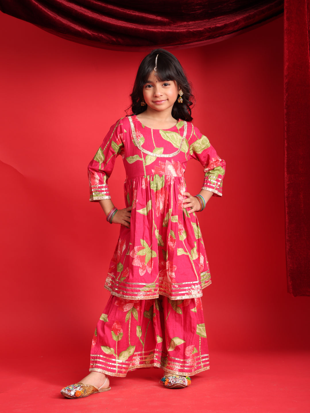 Red Floral Printed Kurta & Sharara Set for Girls