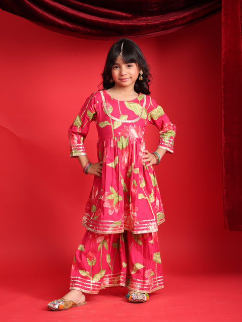 Red Floral Printed Kurta & Sharara Set for Girls
