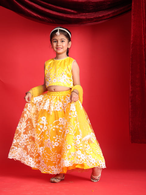 Girls Yellow Embroidered Lehenga Choli