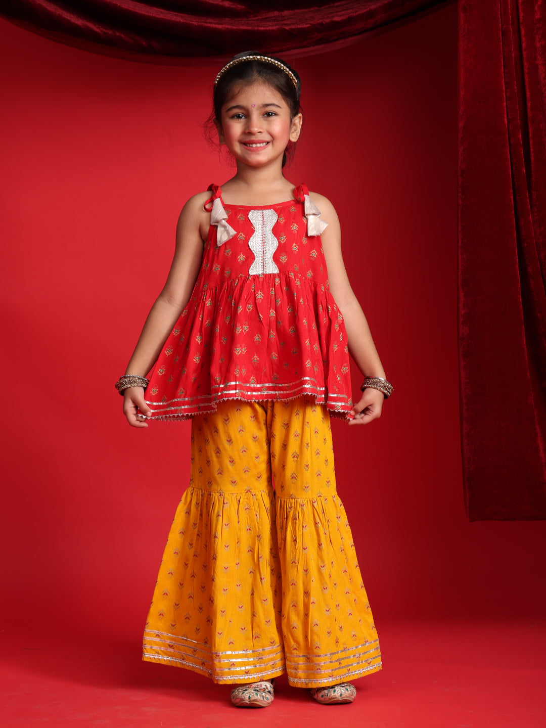 Red & Mustard Ethnic Printed Top & Sharara Set for Girls