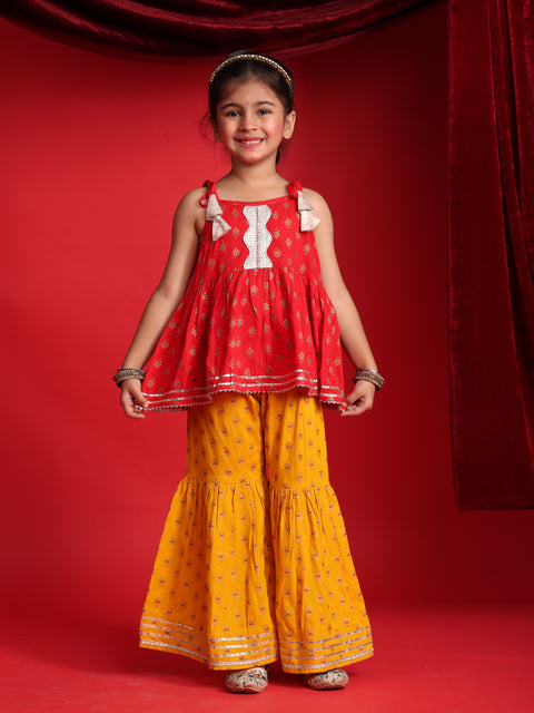 Red & Mustard Ethnic Printed Top & Sharara Set for Girls