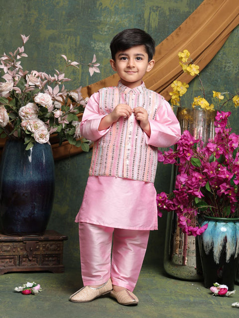 Saka Designs Full Sleeves Kurta Pajama With Embroidered Nehru Jacket – Pink
