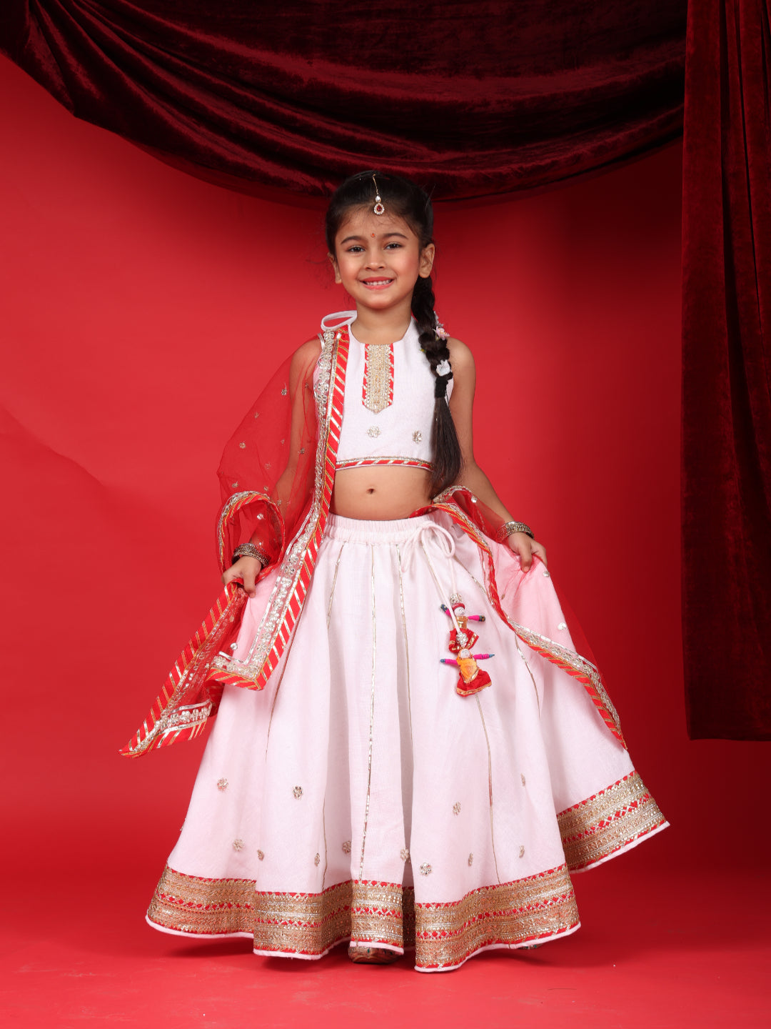 Girls White & Red Festive Lehenga Choli Set with Dupatta