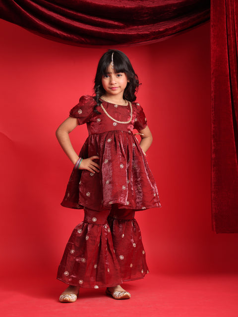 Girls Maroon Embroidered Peplum Kurti with Sharara