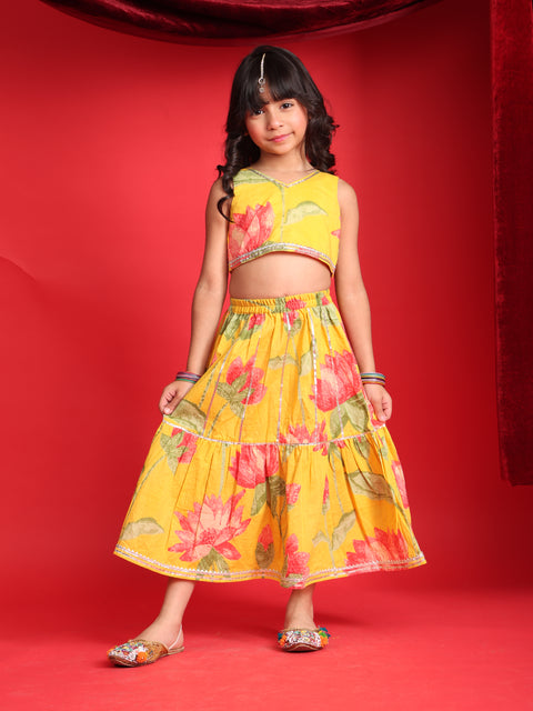 Girls Yellow Floral Printed Lehenga Choli Set