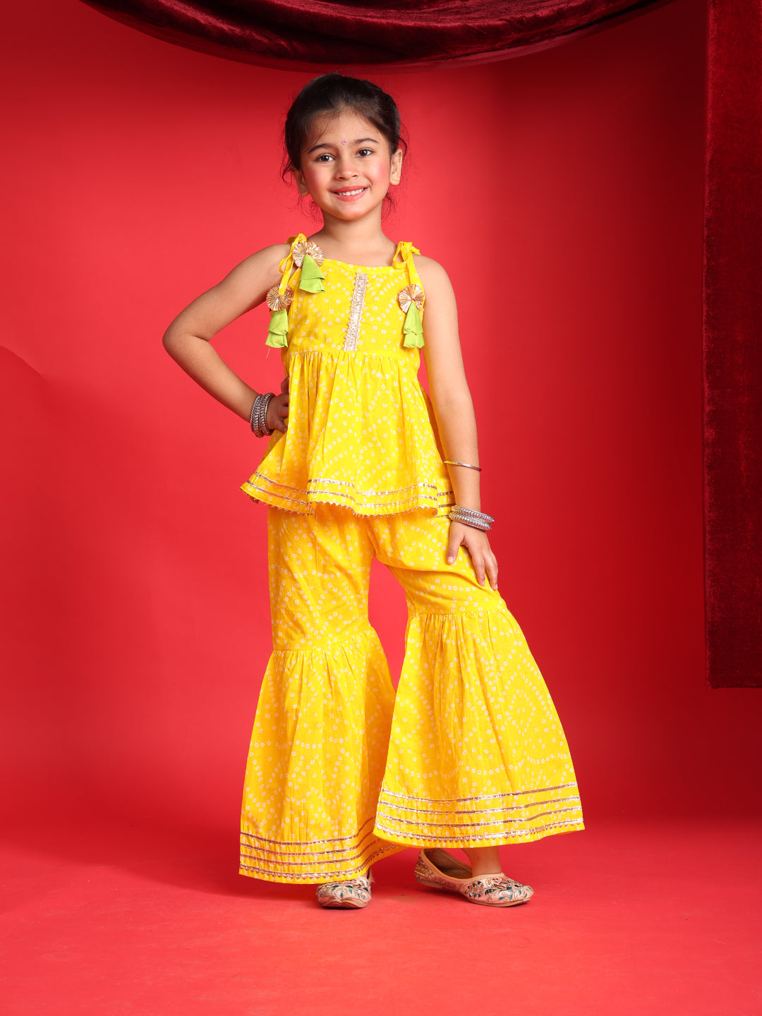 Yellow Bandhani Print Top & Sharara Set for Girls