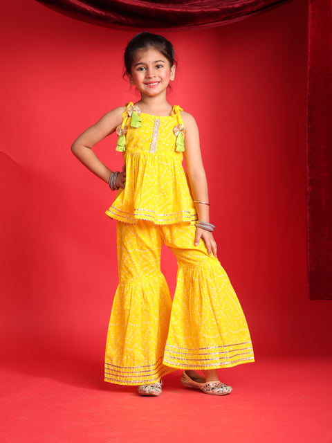 Yellow Bandhani Print Top & Sharara Set for Girls