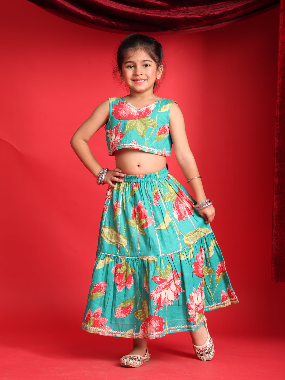 Girls Teal Blue Floral Printed Lehenga Choli Set