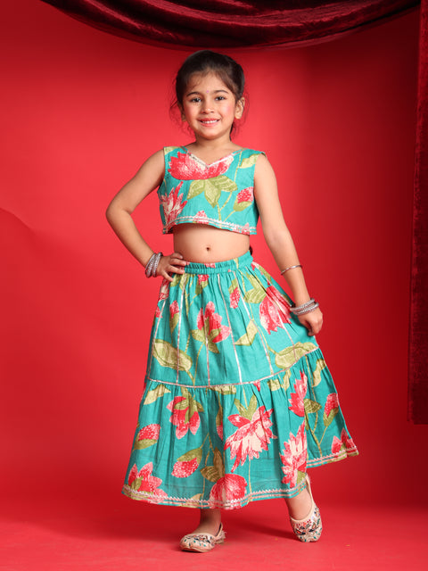Girls Teal Blue Floral Printed Lehenga Choli Set