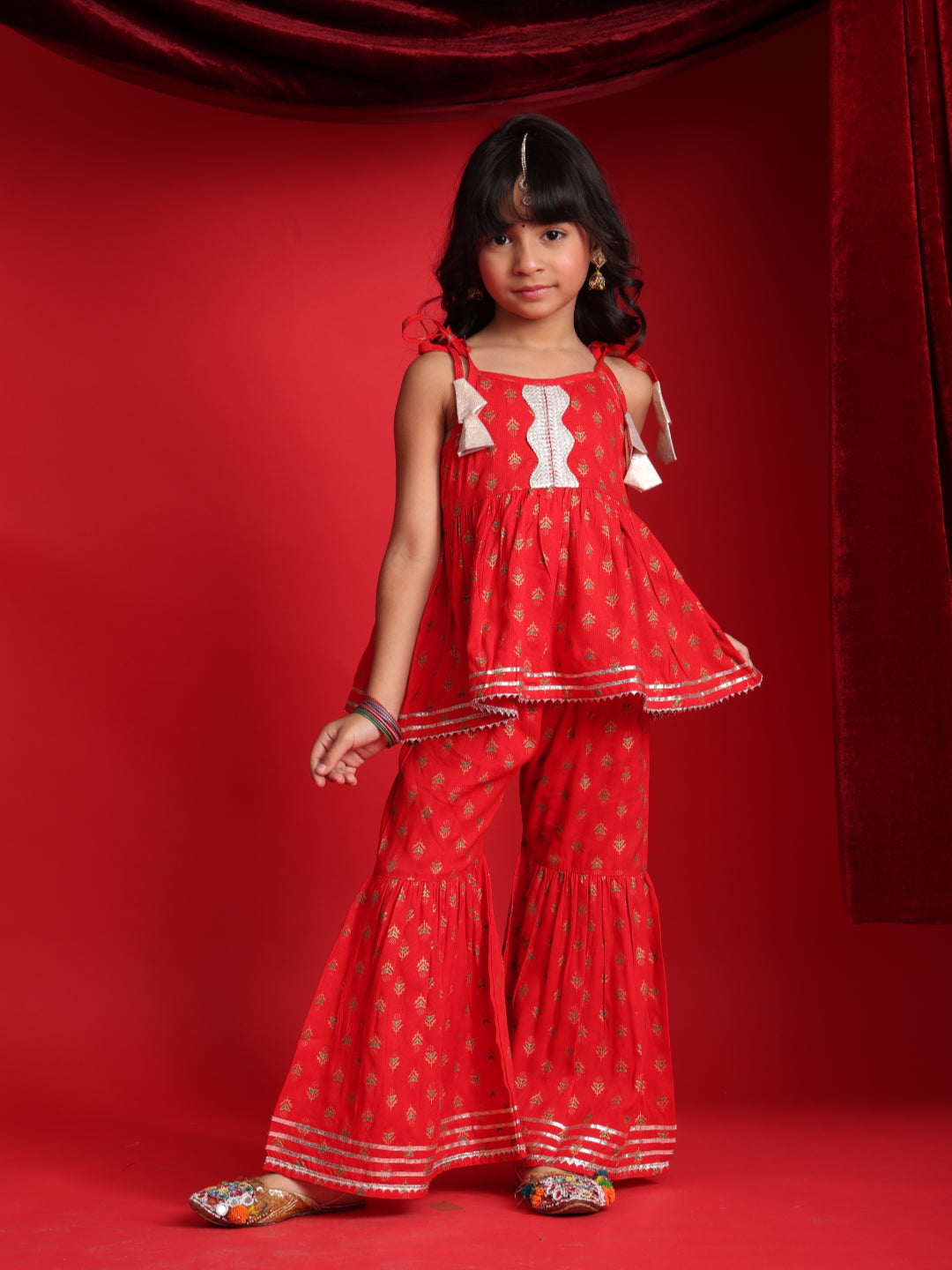 Red Ethnic Printed Top & Sharara Set for Girls