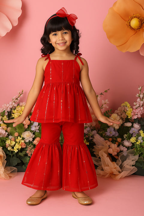 Saka Designs Woven Sleeveless Sequined Peplum Kurta with Sharara Pants - Red