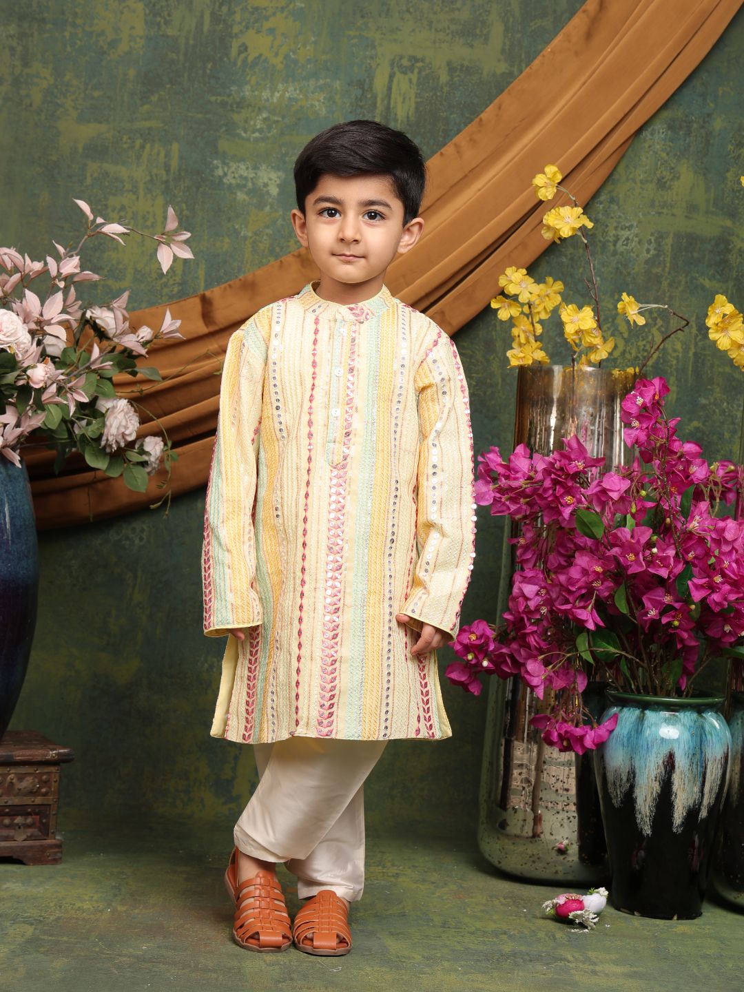 Sequence Embroidered Kurta & Pyjama - Beige Yellow