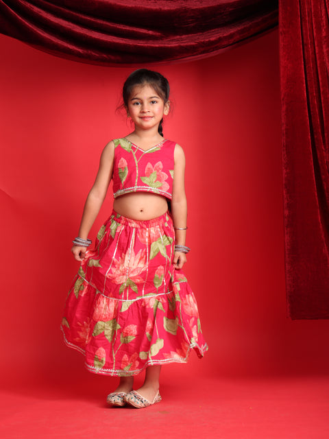 Girls Red Floral Printed Lehenga Choli Set