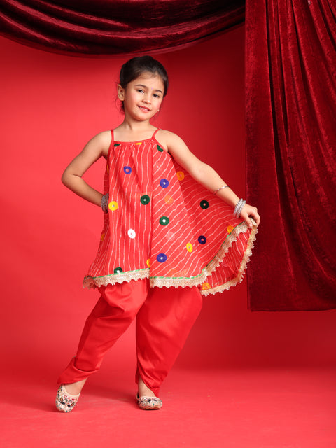 Girls Red Patiala Suit with Mirror Work