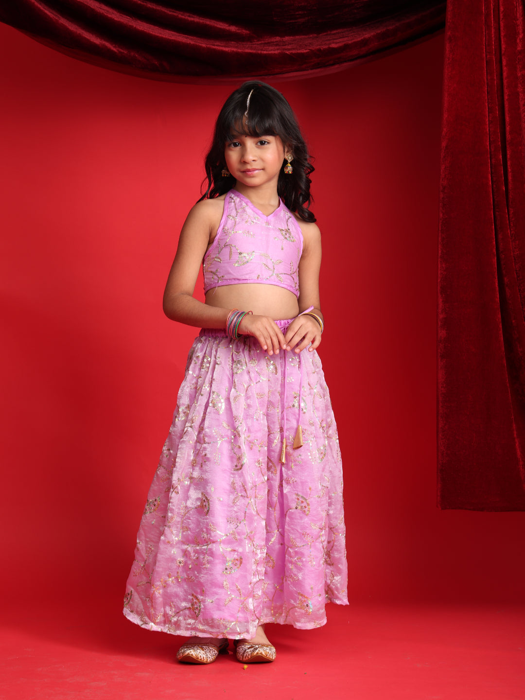 Girls Lavender Embroidered Halter-Neck Lehenga Choli Set