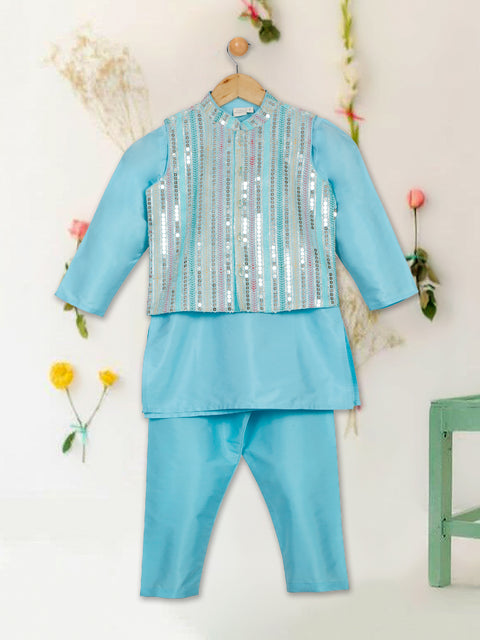 Saka Designs Full Sleeves Kurta Pajama With Embroidered Nehru Jacket – Sky Blue
