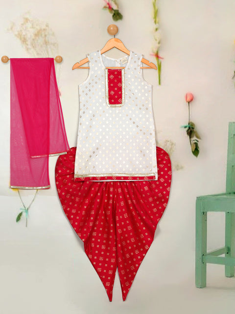 Saka Designs Woven Sleeveless Foil Print Kurta with Dhoti & Dupatta Set – White & Red