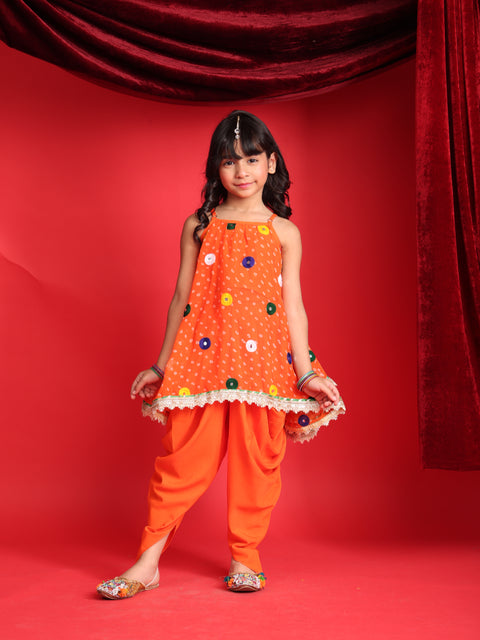 Girls Orange Patiala Suit with Mirror Work