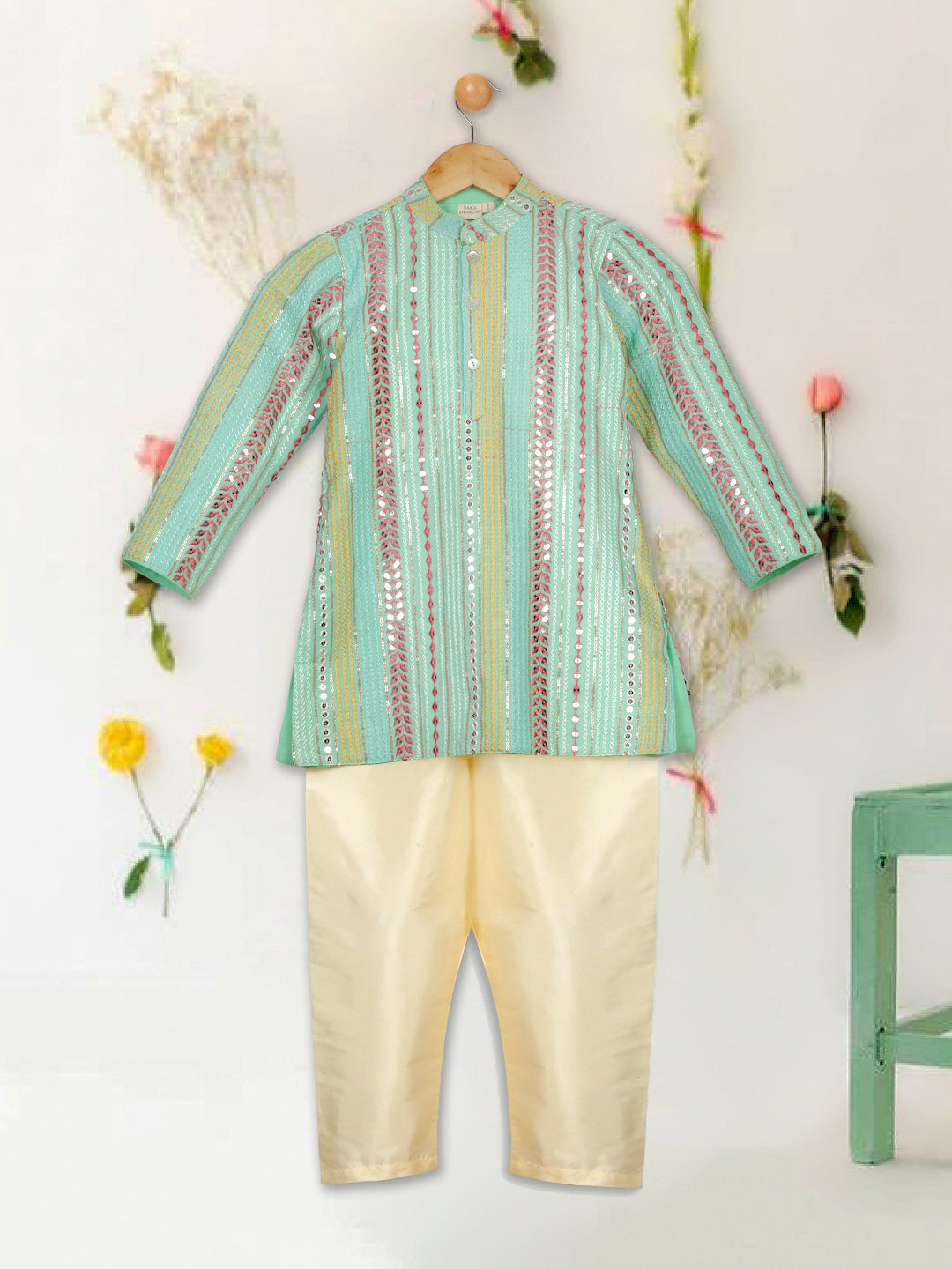 Sequence Embroidered Kurta & Pjyamas - Sea Green