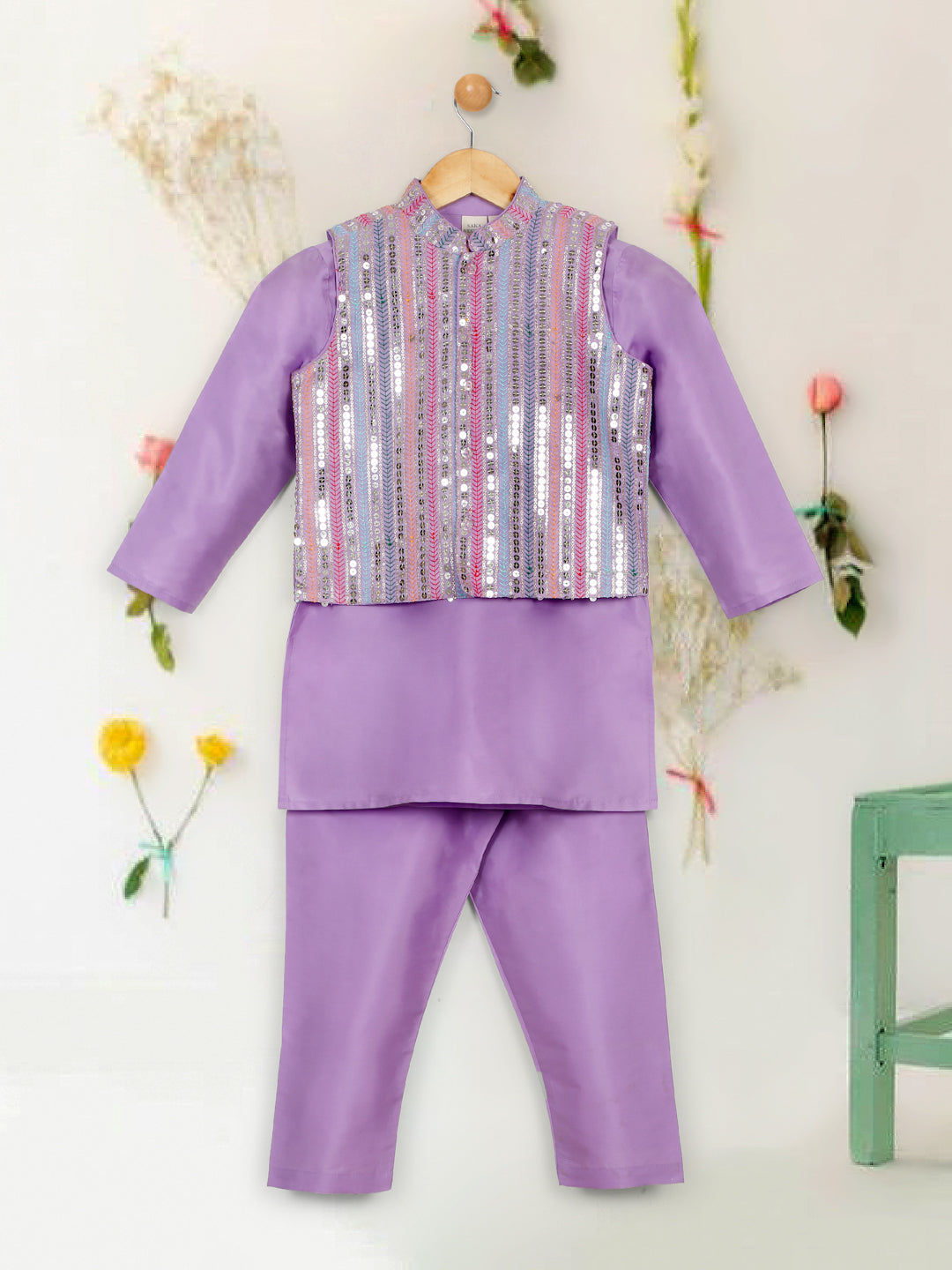 Kurta Pajama With Embroidered Nehru Jacket – Lavender