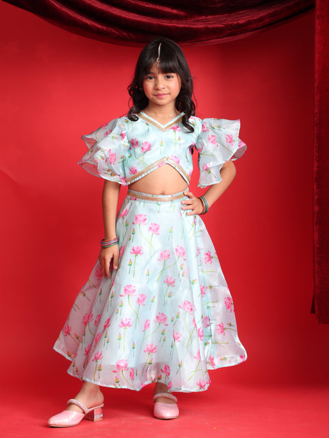 Girls Floral Print Ruffle Sleeves Lehenga Choli Set – Light Blue