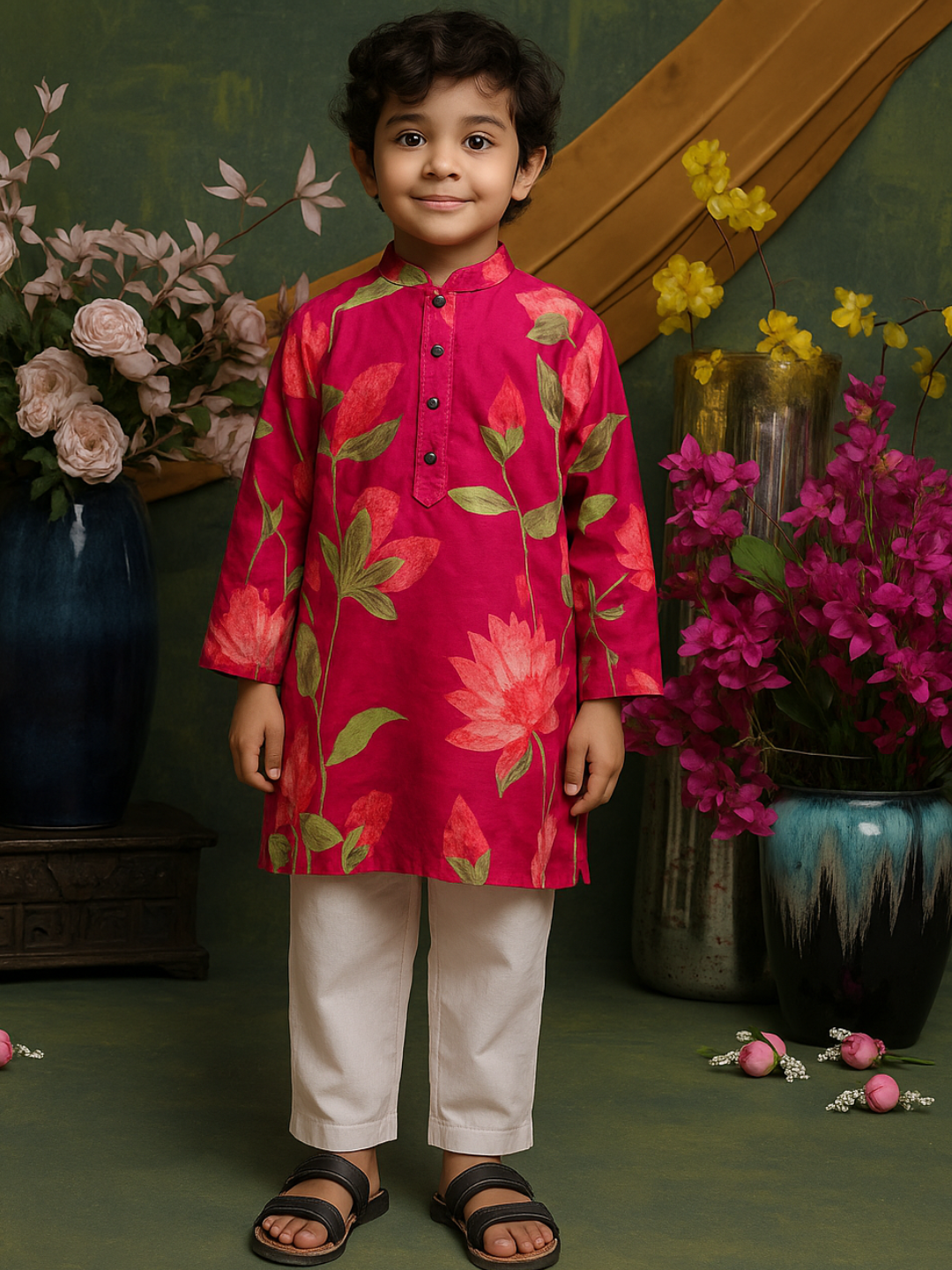 Floral Print Kurta With Pyjama - Red